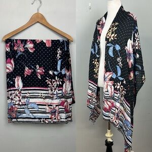 NWT Liz Claiborne Black Floral Polka Dot Mixed Print Fringe Wrap Scarf
